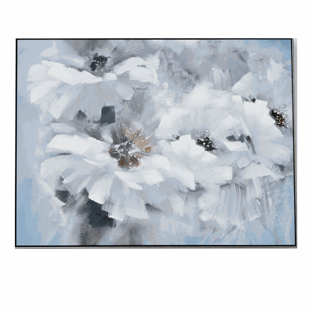 Handpainted large canvas featuring colours of blue, white and neutrals. Large free brush strokes make up an abstract floral design 