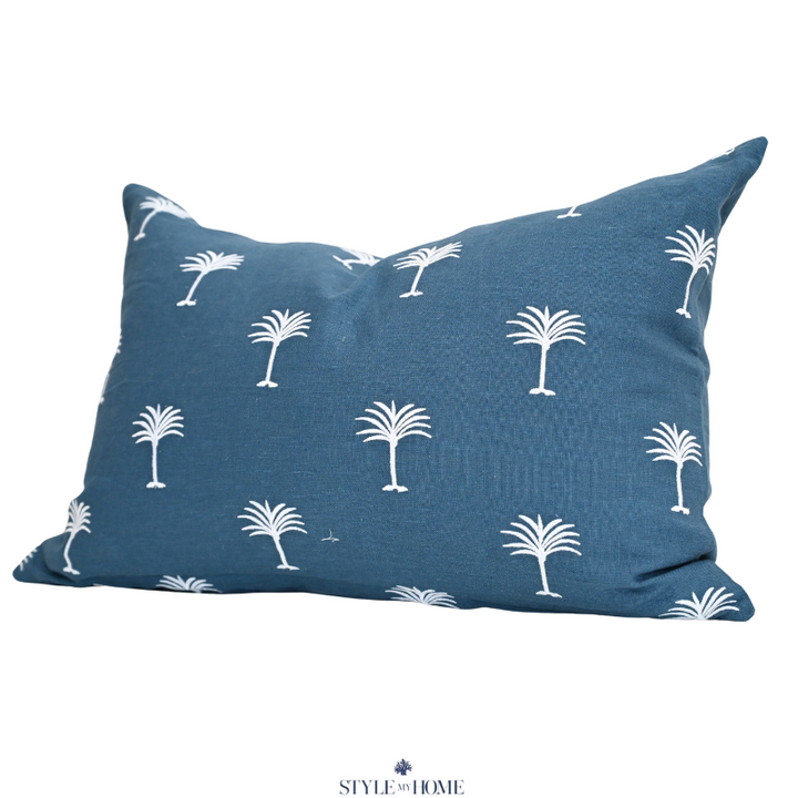 Palm Tree Embroidered 60cm X 40cm Navy Linen Cushion