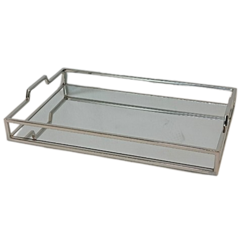 Modern Rectangular Silver Mirrored Tray With Handles