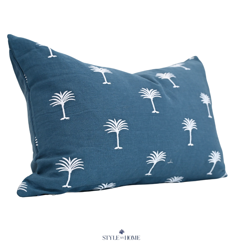 Palm Tree Embroidered 60cm X 40cm Navy Linen Cushion