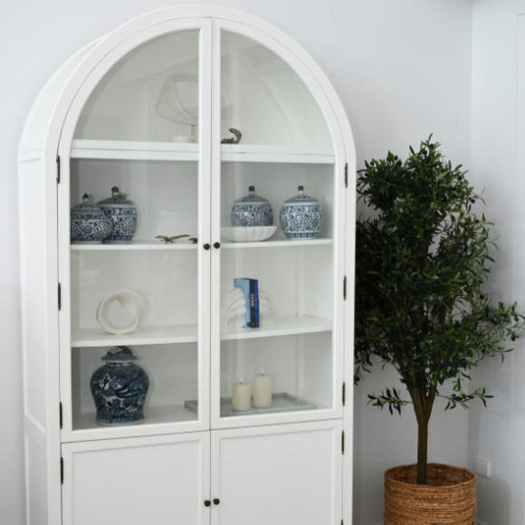 Hamptons arch glass cabinet white