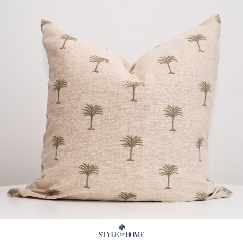 Palm Tree Embroidered 60cm X 60cm Oatmeal Linen Cushion