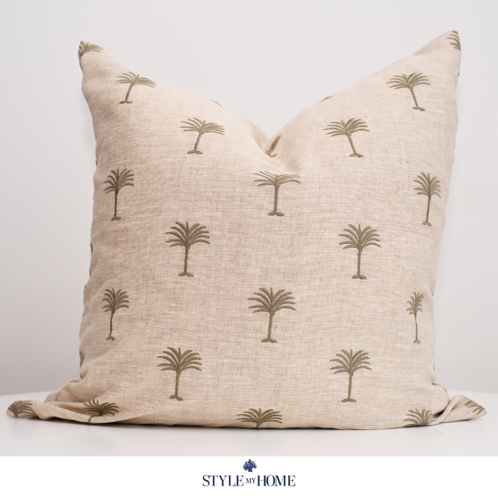 Palm Tree Embroidered 60cm X 60cm Oatmeal Linen Cushion