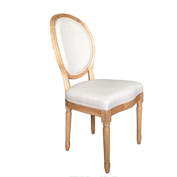 oat framed chair with a padded linen back rest and seat.  French Hamptons by Style My Home Australia