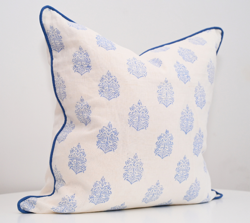 Blue Motif Block Print 60cm X 60cm Linen Cushion