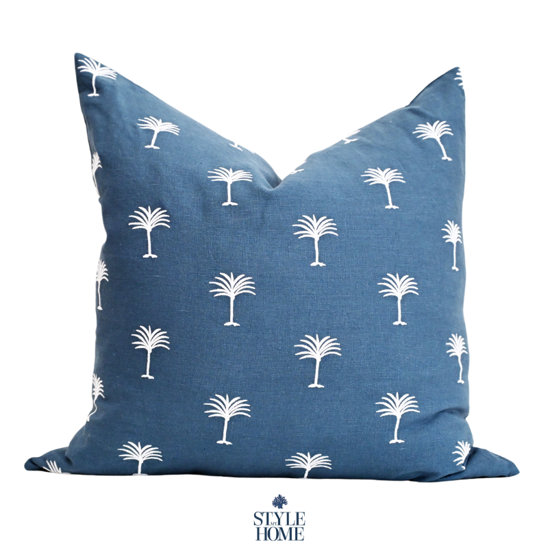 Palm Tree Embroidered 60cm X 60cm Navy Linen Cushion