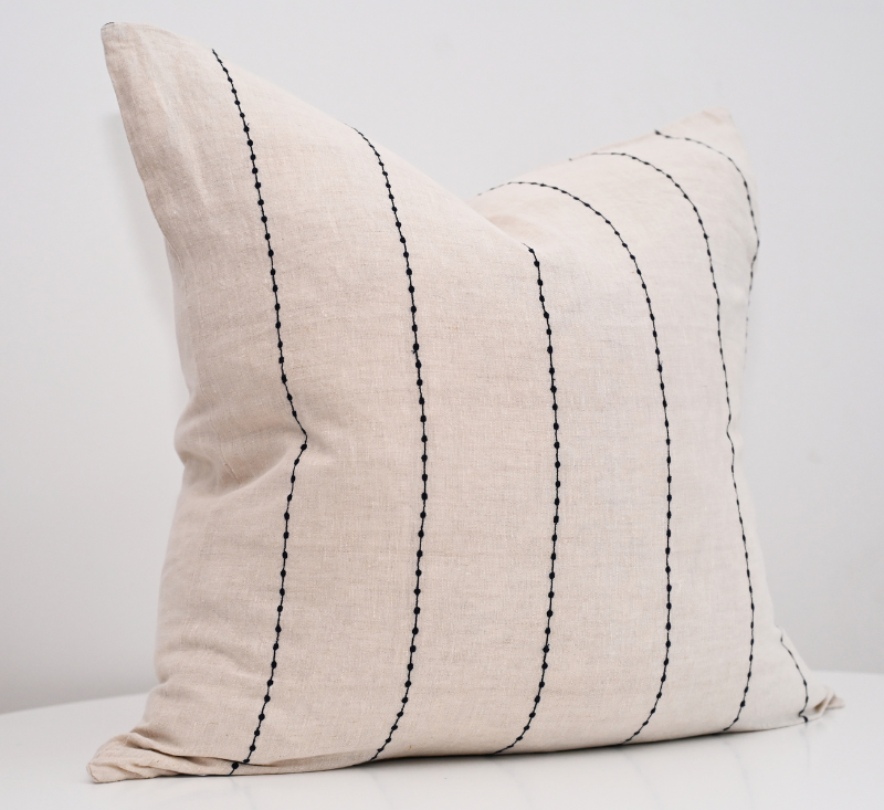 'Conner' Oatmeal Linen Cushion - Blue Stripe