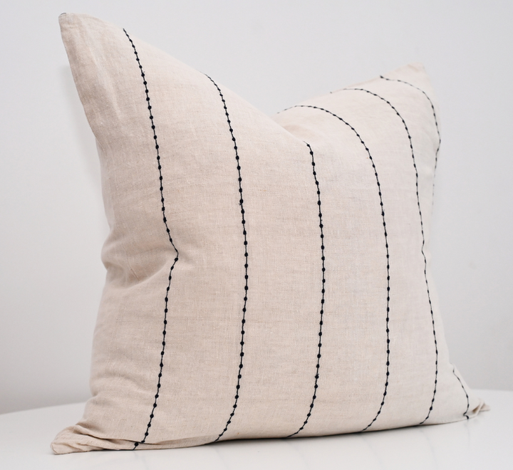 'Conner' Oatmeal Linen Cushion - Blue Stripe