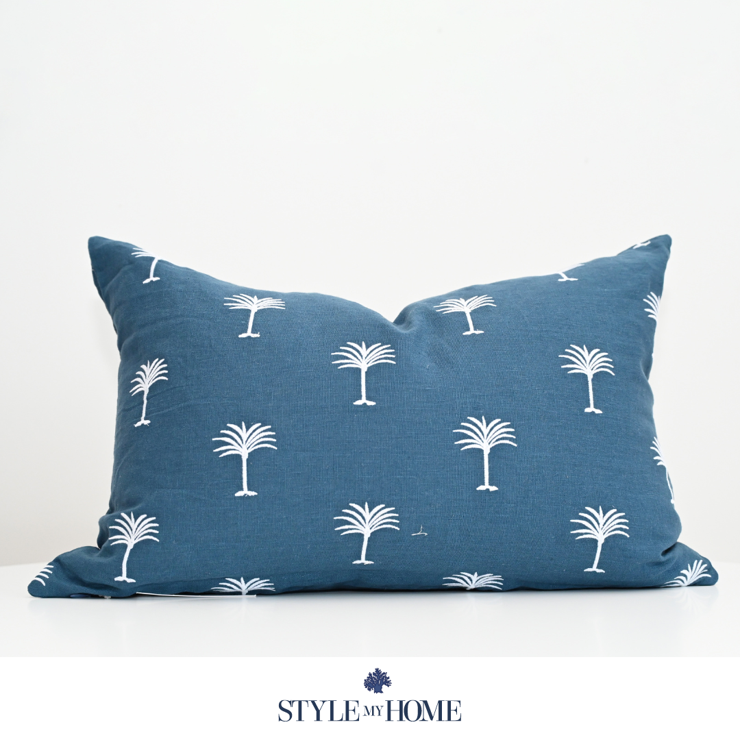 Palm Tree Embroidered 60cm X 40cm Navy Linen Cushion