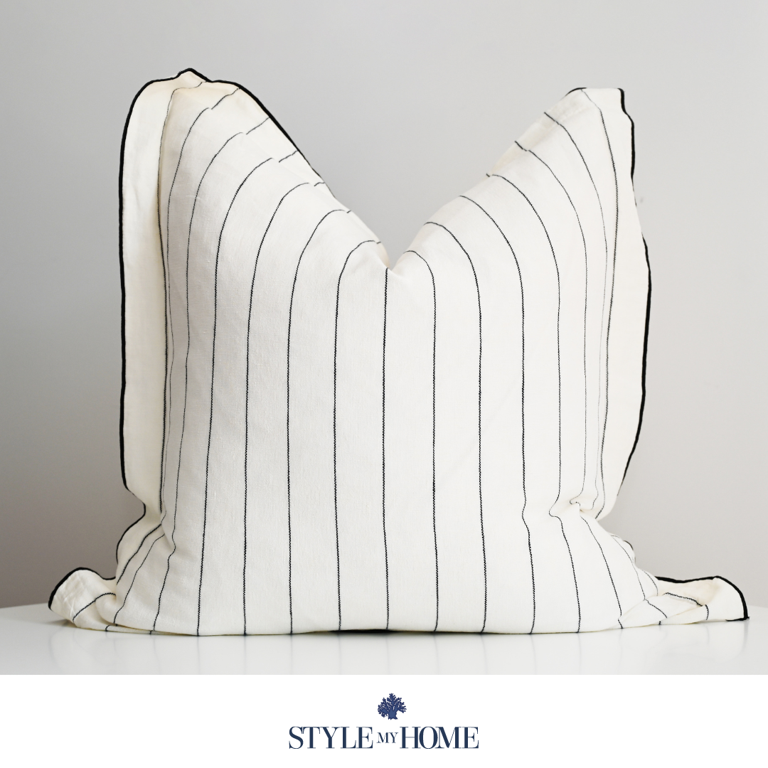 'Tamarama' White Linen Cushion - Blue Stripe