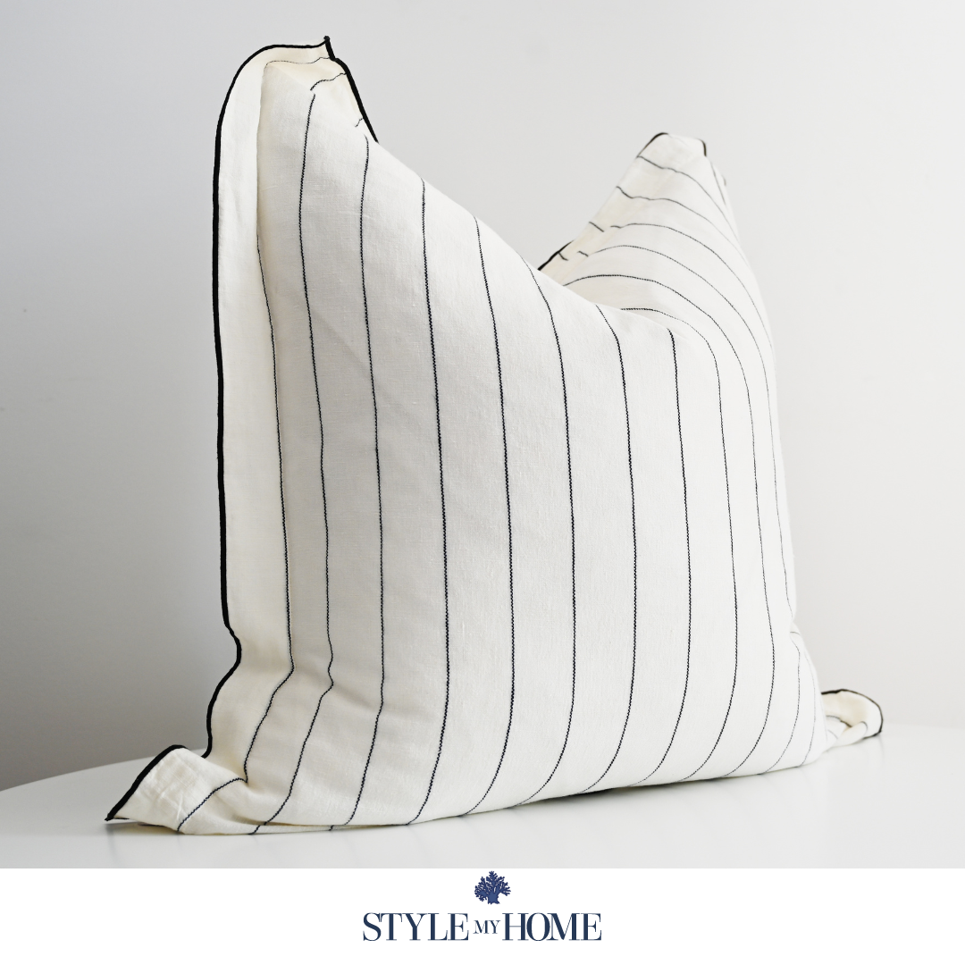 'Tamarama' White Linen Cushion - Blue Stripe