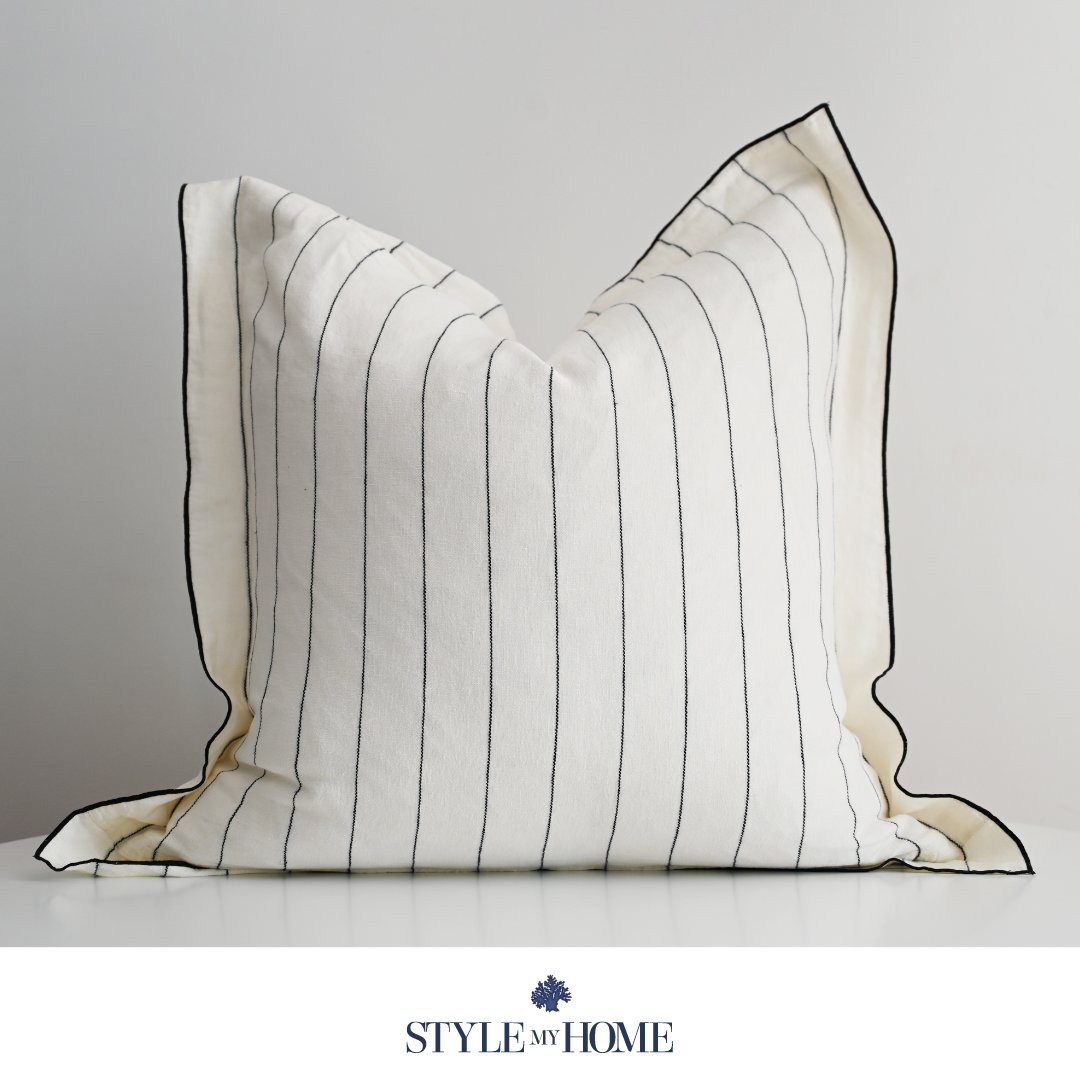 'Tamarama' White Linen Cushion - Blue Stripe