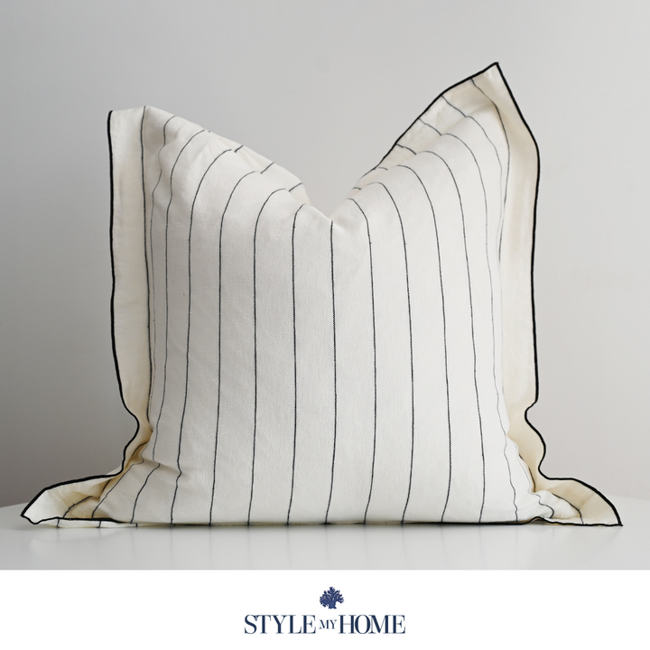 'Tamarama' White Linen Cushion - Blue Stripe