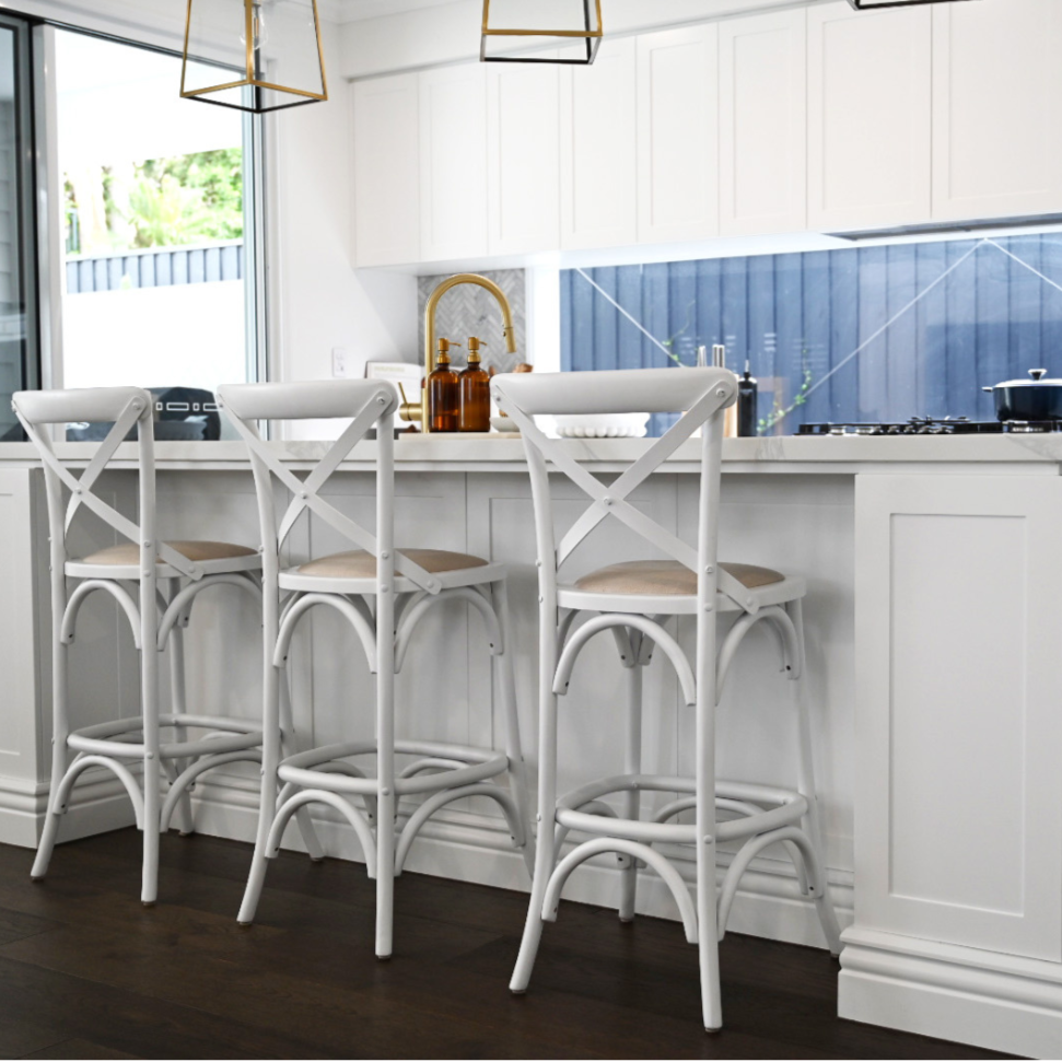 Carter Cross-back Kitchen Stool With Linen Seat