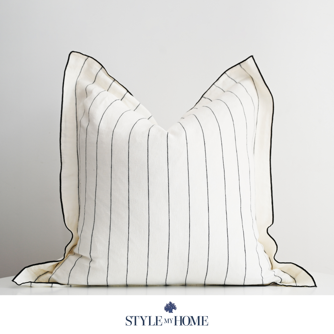 'Tamarama' White Linen Cushion - Blue Stripe