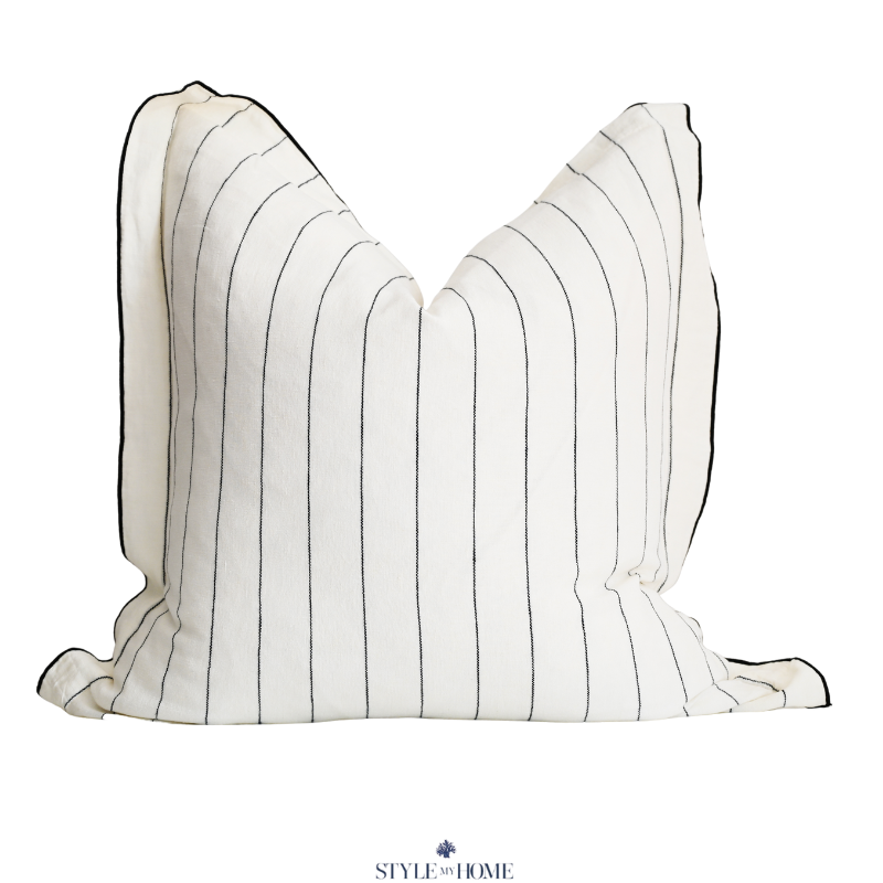 'Tamarama' White Linen Cushion - Blue Stripe