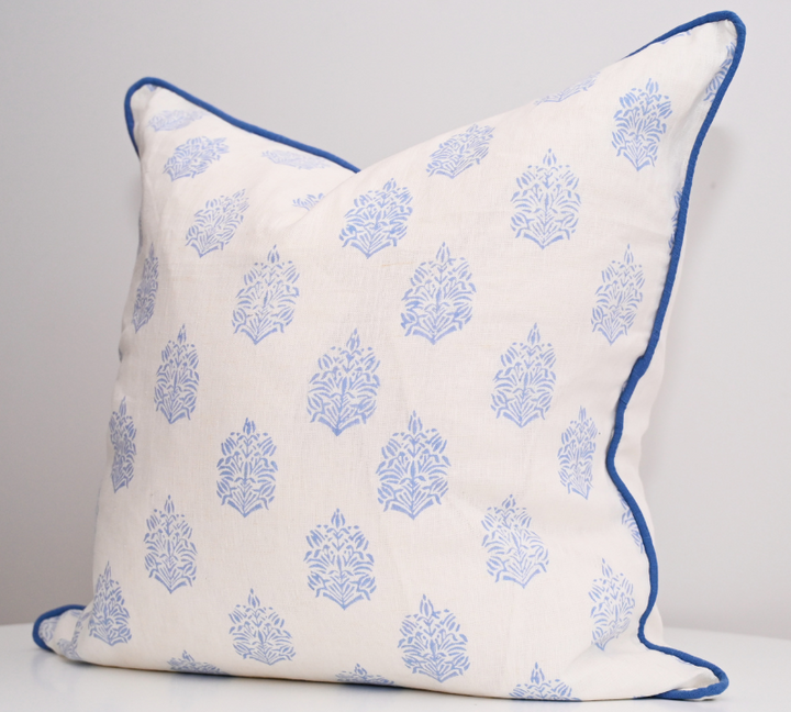 Blue Motif Block Print 60cm X 60cm Linen Cushion