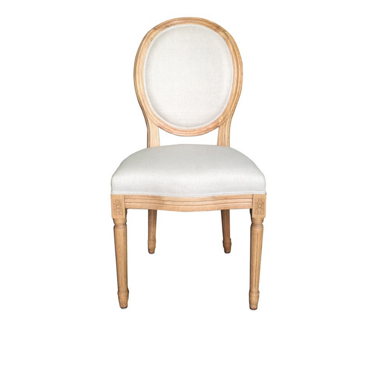 oat framed chair with a padded linen back rest and seat. French Hamptons by Style My Home Australia