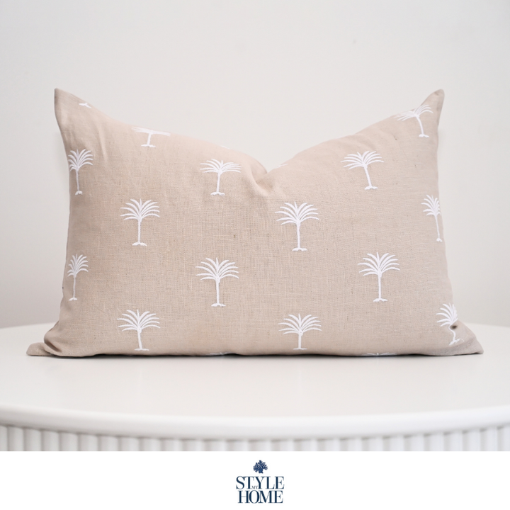 Palm Tree Embroidered 60cm X 40cm Duck Egg Linen Cushion