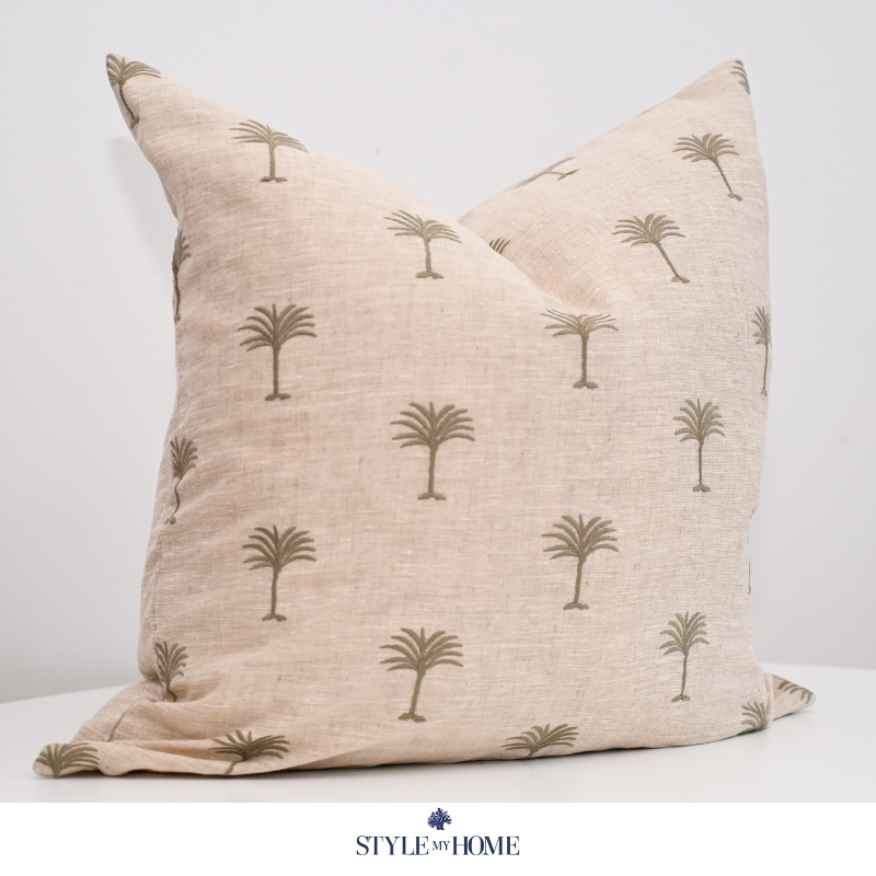 Palm Tree Embroidered 60cm X 60cm Oatmeal Linen Cushion