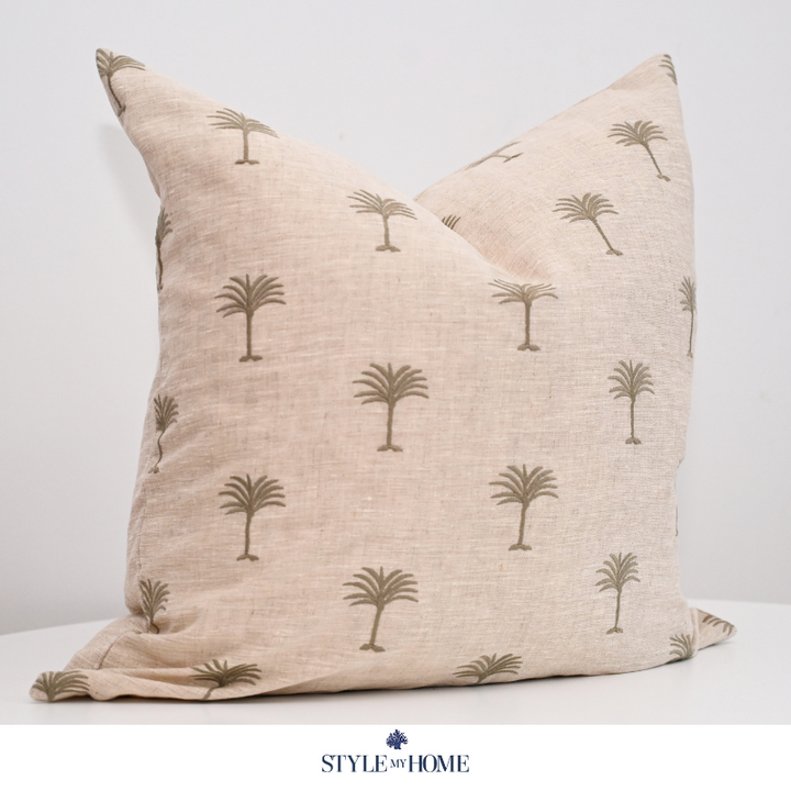 Palm Tree Embroidered 60cm X 60cm Oatmeal Linen Cushion