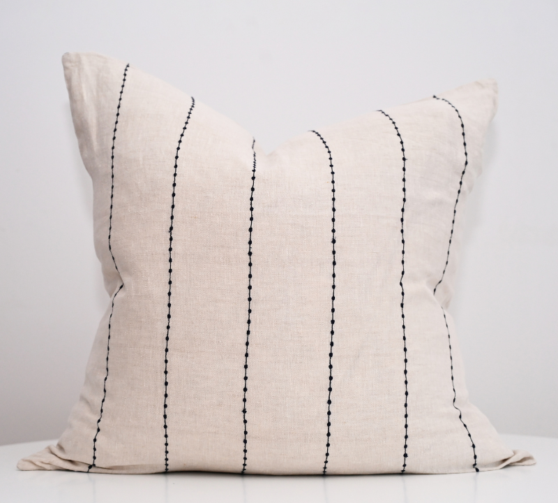 'Conner' Oatmeal Linen Cushion - Blue Stripe