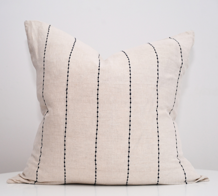 'Conner' Oatmeal Linen Cushion - Blue Stripe