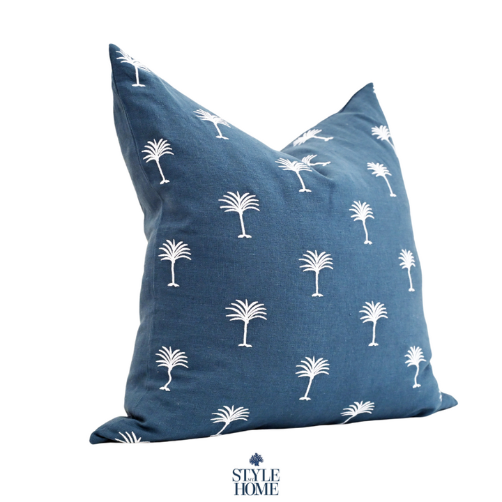 Palm Tree Embroidered 60cm X 60cm Navy Linen Cushion