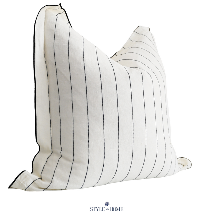 'Tamarama' White Linen Cushion - Blue Stripe