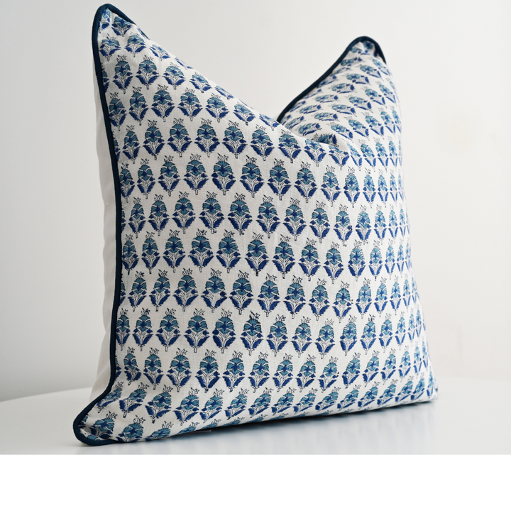 'Floral Motif' Block Print 60cm x 60cm Linen Cushion