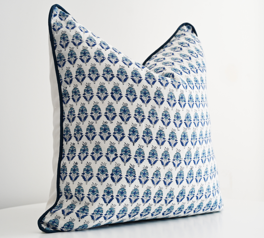 'Floral Motif' Block Print 60cm x 60cm Linen Cushion