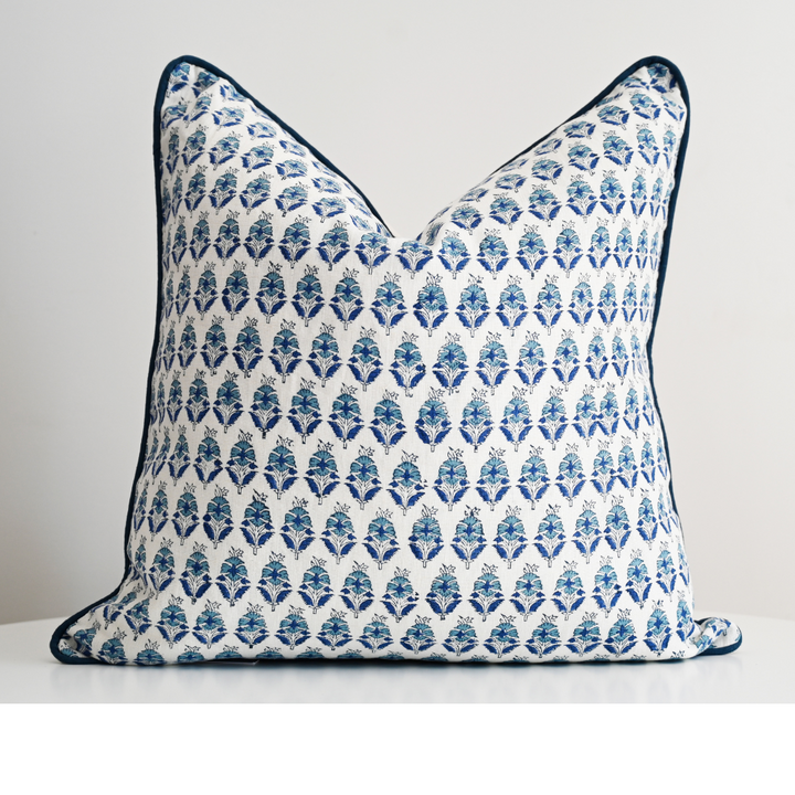 'Floral Motif' Block Print 60cm x 60cm Linen Cushion