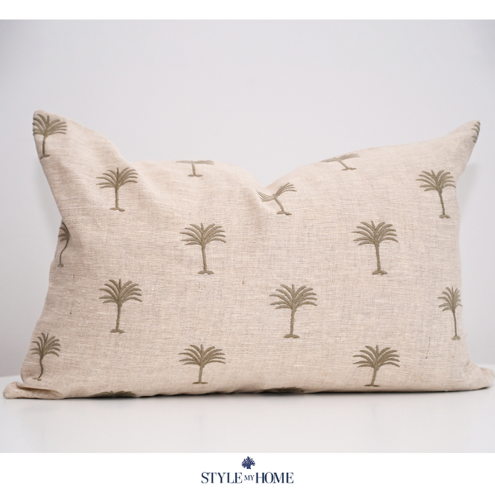 Palm Tree Embroidered 60cm X 40cm Oatmeal Linen Cushion