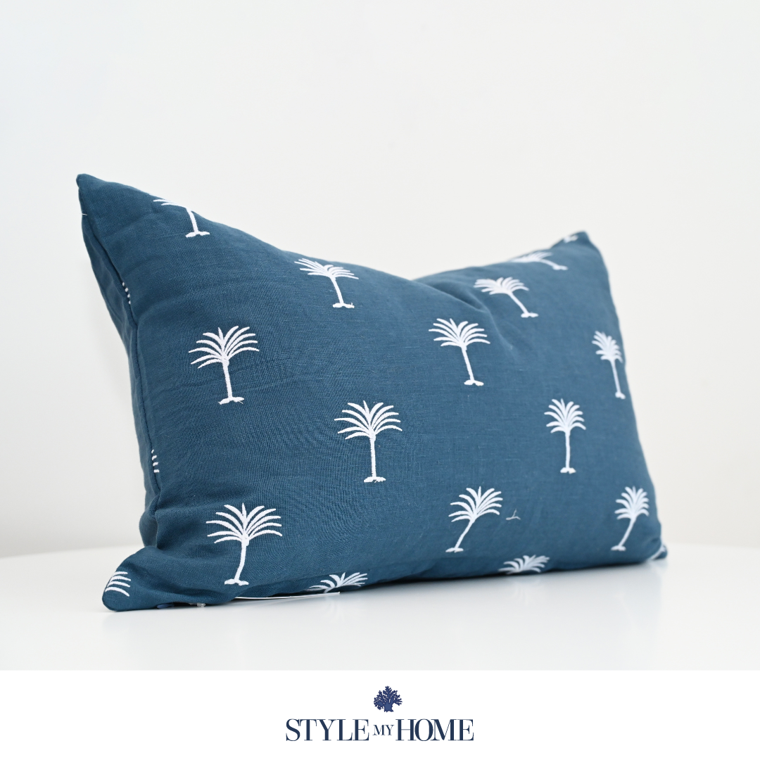 Palm Tree Embroidered 60cm X 40cm Navy Linen Cushion