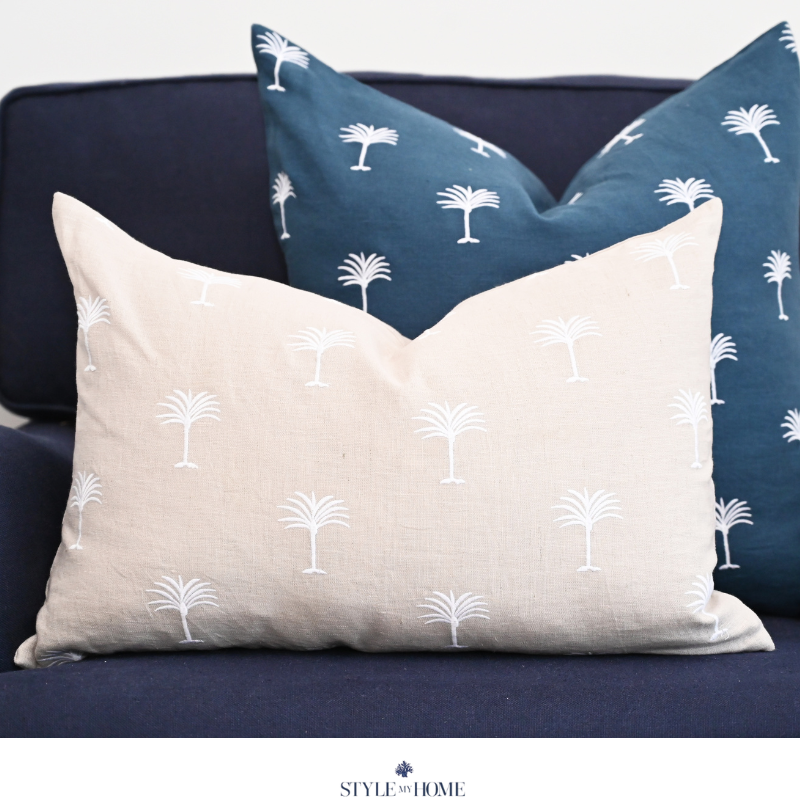 Palm Tree Embroidered 60cm X 60cm Navy Linen Cushion