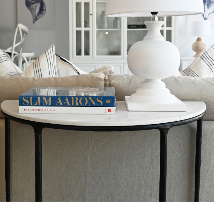 Soho Black Forged Curved Console Table With Marble Top