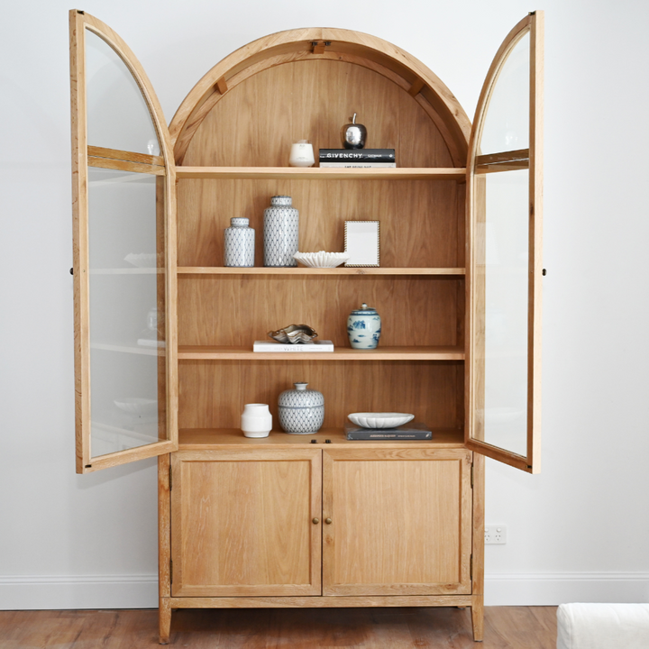 Hamptons arch glass cabinet oak