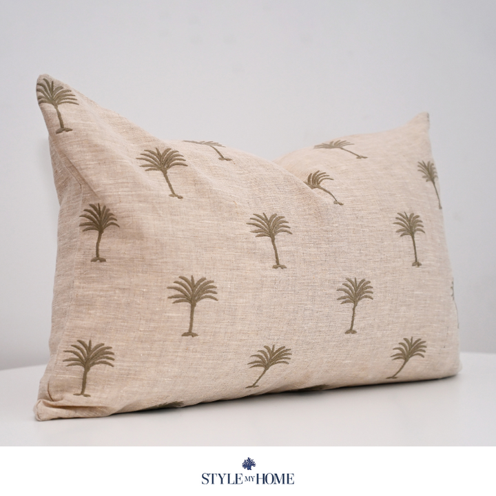 Palm Tree Embroidered 60cm X 40cm Oatmeal Linen Cushion