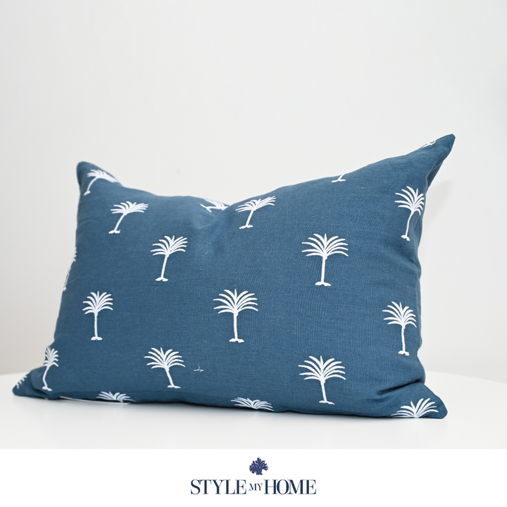 Palm Tree Embroidered 60cm X 40cm Navy Linen Cushion