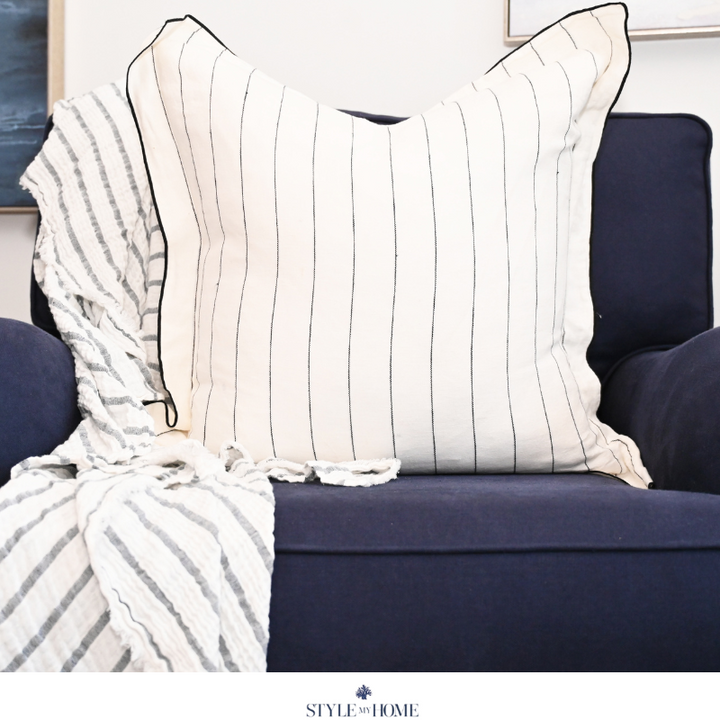 'Tamarama' White Linen Cushion - Blue Stripe