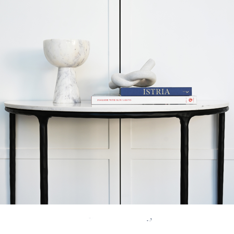 Soho Black Forged Curved Console Table With Marble Top