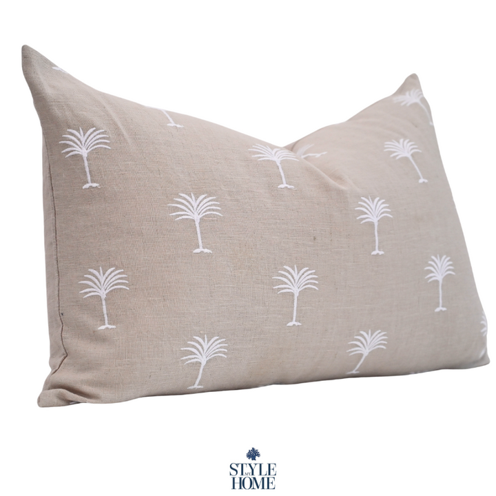 Palm Tree Embroidered 60cm X 40cm Duck Egg Linen Cushion