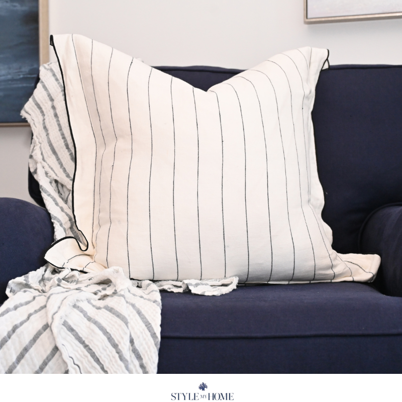 'Tamarama' White Linen Cushion - Blue Stripe