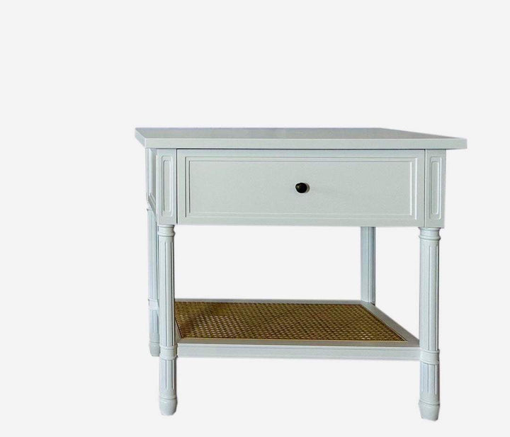 Hamptons large white bedside table one drawer and rattan shelf