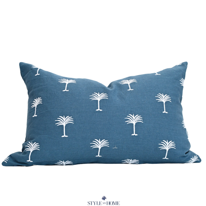 Palm Tree Embroidered 60cm X 40cm Navy Linen Cushion