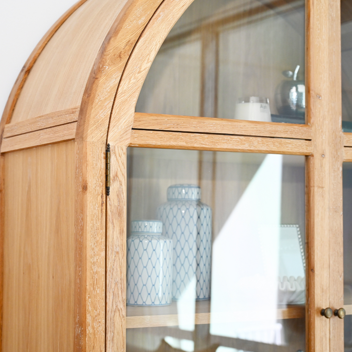 Hamptons arch glass cabinet oak