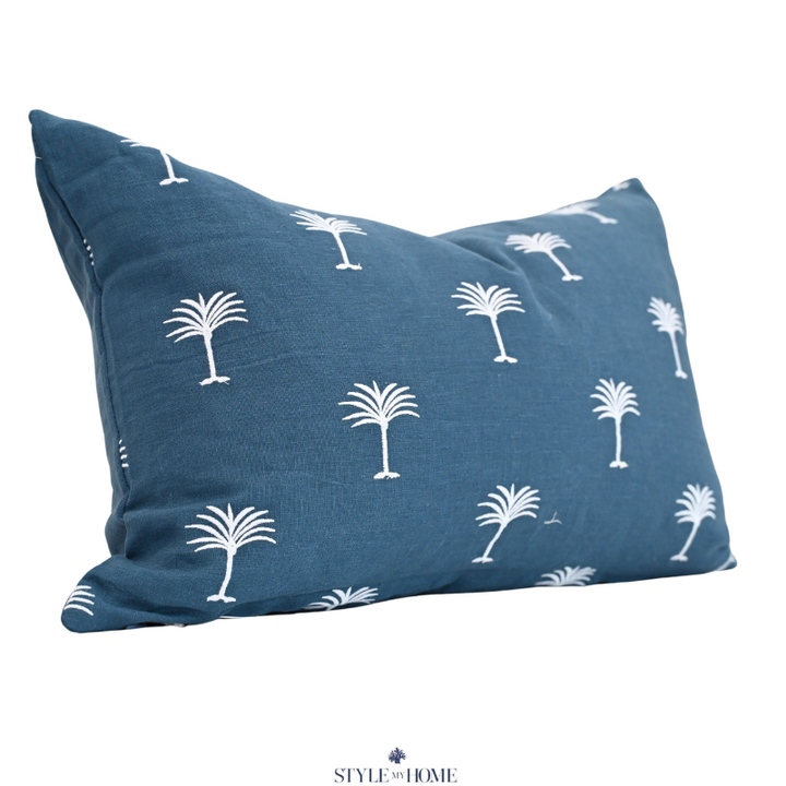 Palm Tree Embroidered 60cm X 40cm Navy Linen Cushion