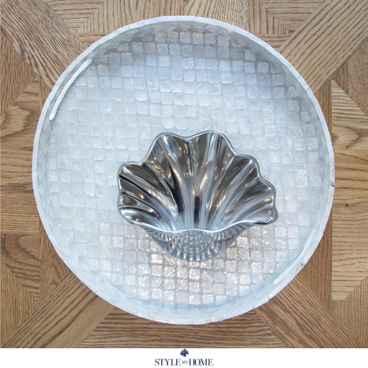 Quatrefoil Round Mother Of Pearl Tray- Neutral