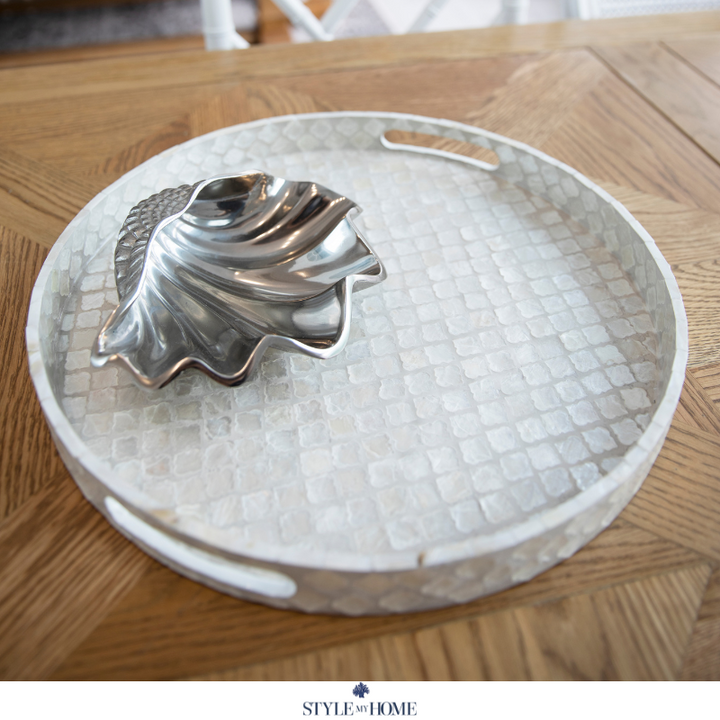 Quatrefoil Round Mother Of Pearl Tray- Neutral