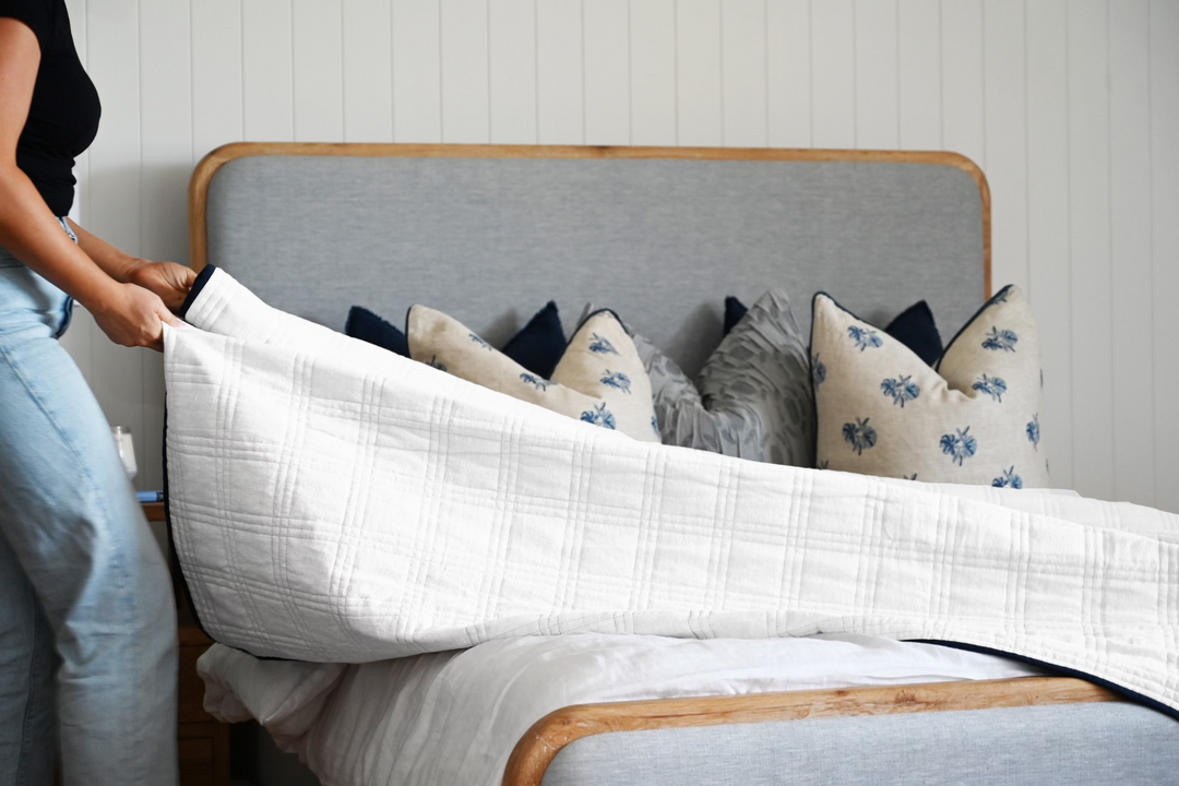 'Alana' Hand Quilted Linen Reversible Bed Cover- Navy and White